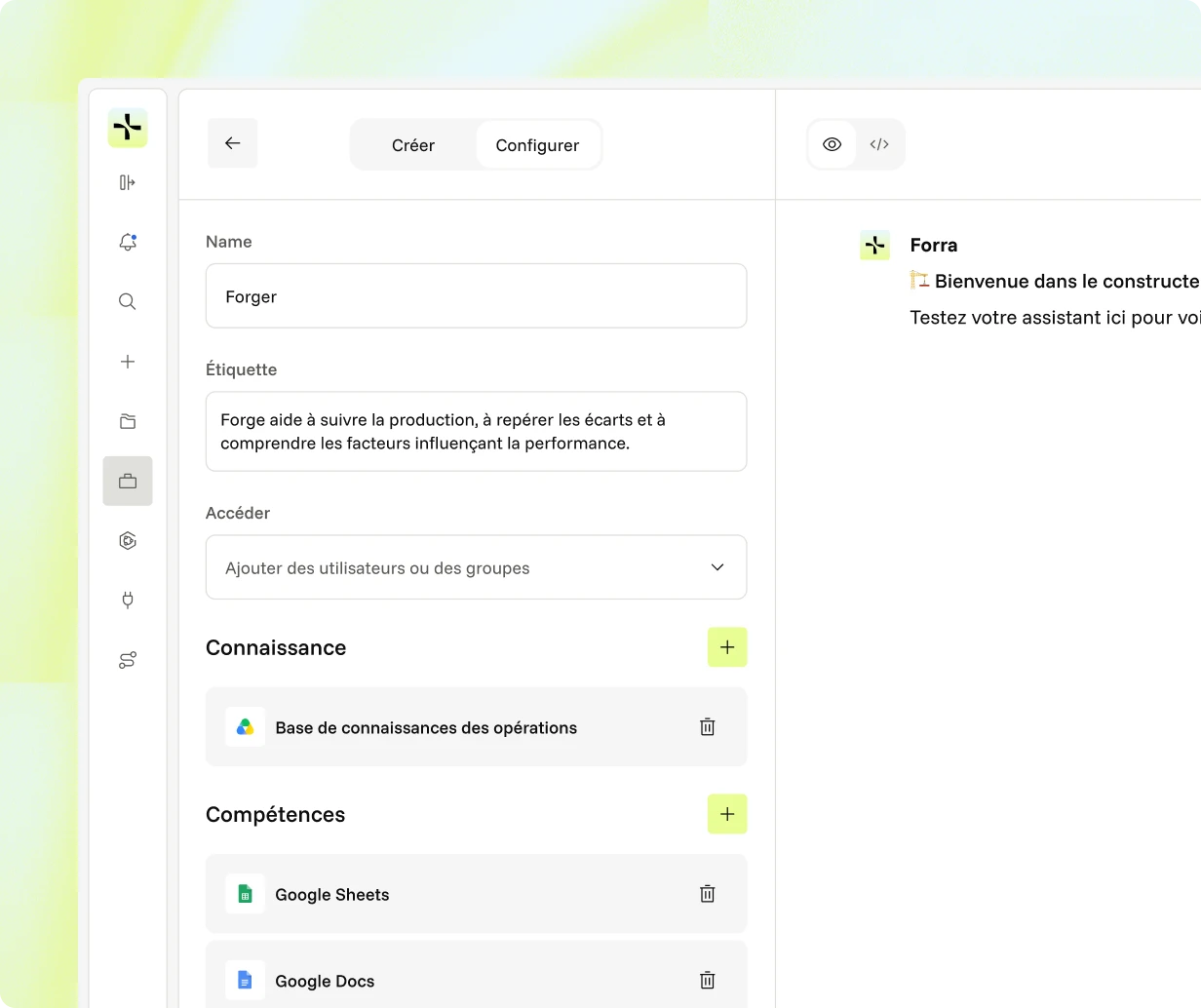 Écran de configuration du constructeur d’assistants Forra