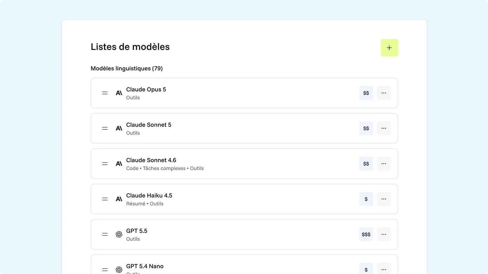Listes de modèles de la Tour de contrôle, où les administrateurs choisissent les modèles de langage disponibles pour l’organisation