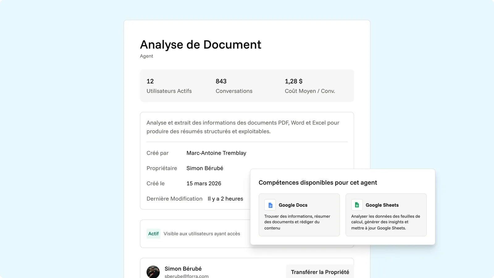 Détail d’un agent dans la Tour de contrôle, avec son propriétaire, ses utilisateurs actifs, ses sources de données connectées et sa consommation