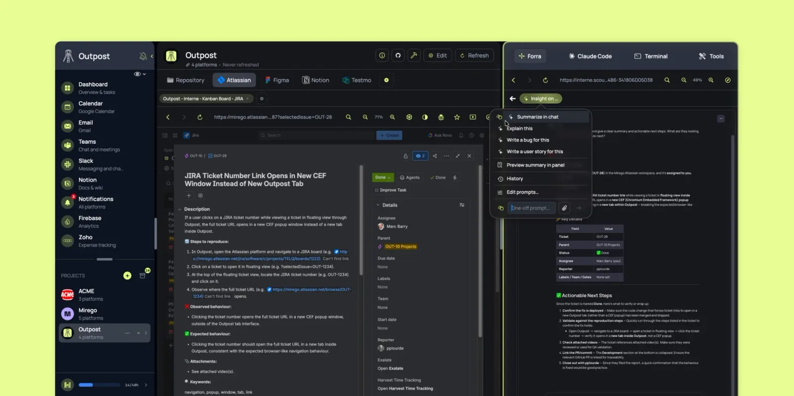 Outpost interface showing project navigation, an open Jira ticket and the AI assistant panel